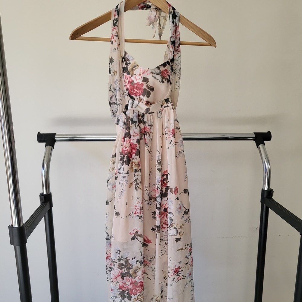 Floral Blush Halter Tie Midi Dress